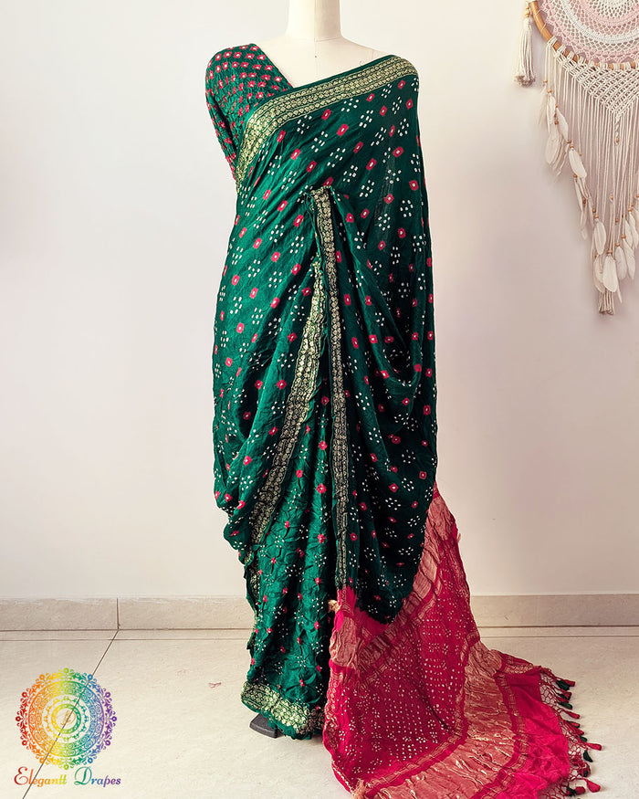 Green pure gaji silk Bandhani saree on mannequin with Nakshi woven border