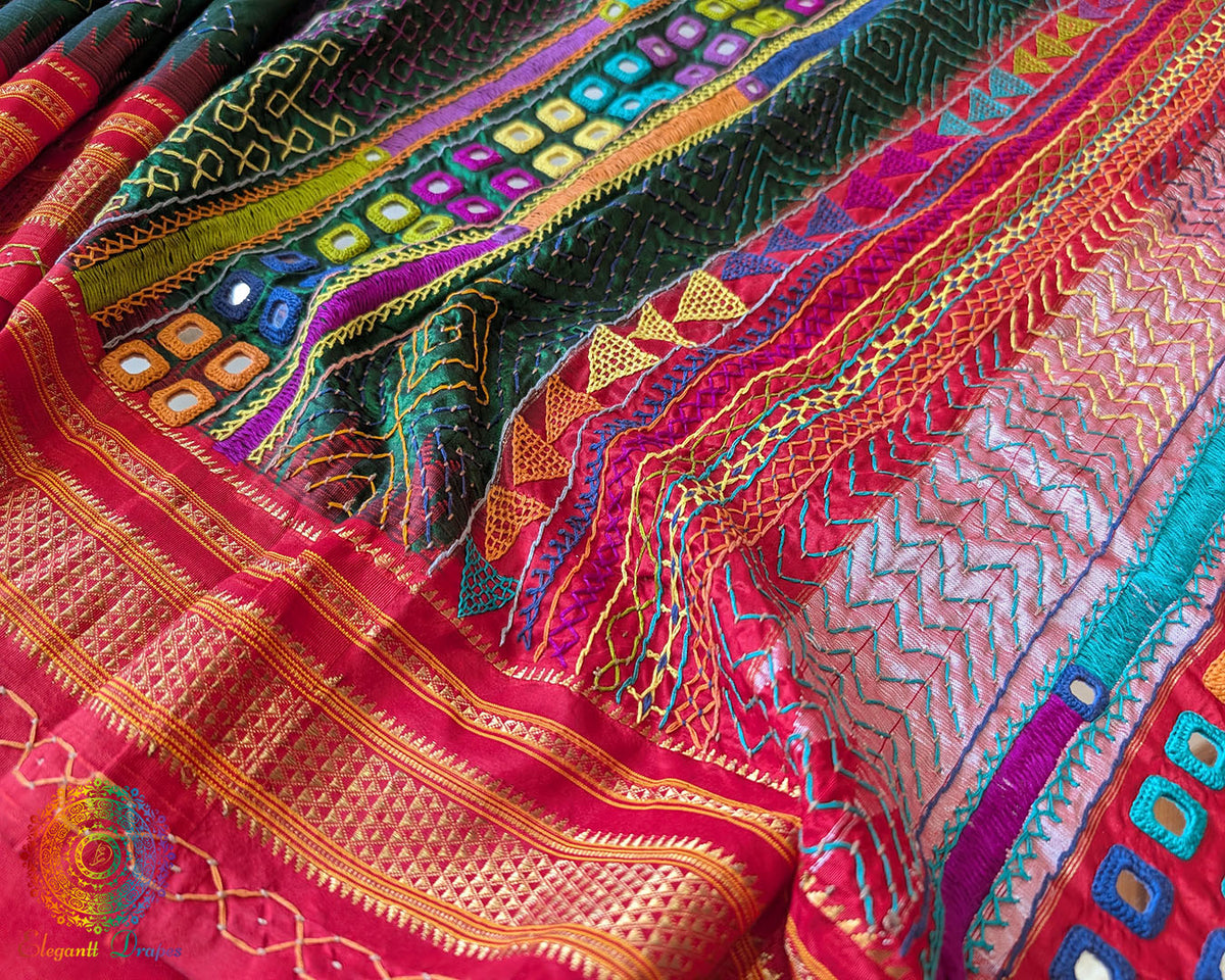 Detailed view of red palla with intricate Lambani hand embroidery