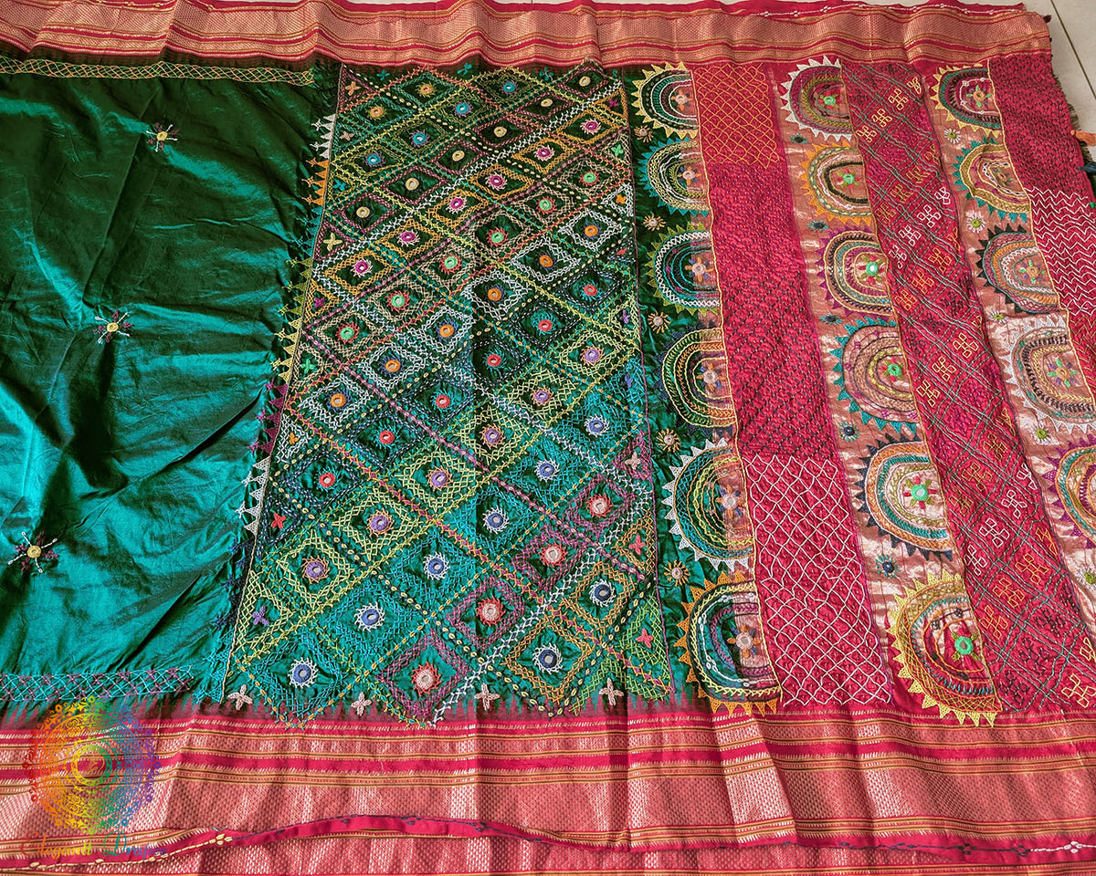 Traditional embroidered motif detail on bottle green Ilkal silk saree