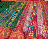 Green silk saree full layout view highlighting contrast red palla