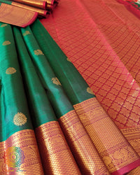 Full view of the Green Pure Kanjivaram Handloom Silk Saree, displaying the overall design, rich green shade and classic gold zari accents.