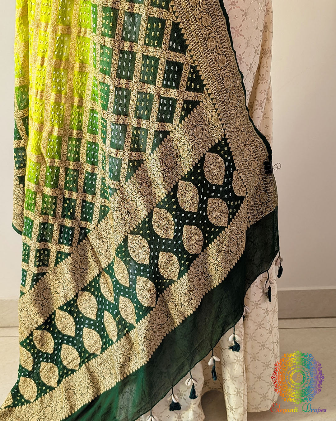 Close-up of Bandhani detailing on Green Shaded Banarasi Khaddi Georgette Dupatta