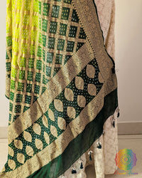 Close-up of Bandhani detailing on Green Shaded Banarasi Khaddi Georgette Dupatta