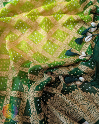 Kodi tassels on Green Shaded Banarasi Khaddi Georgette Bandhani Dupatta