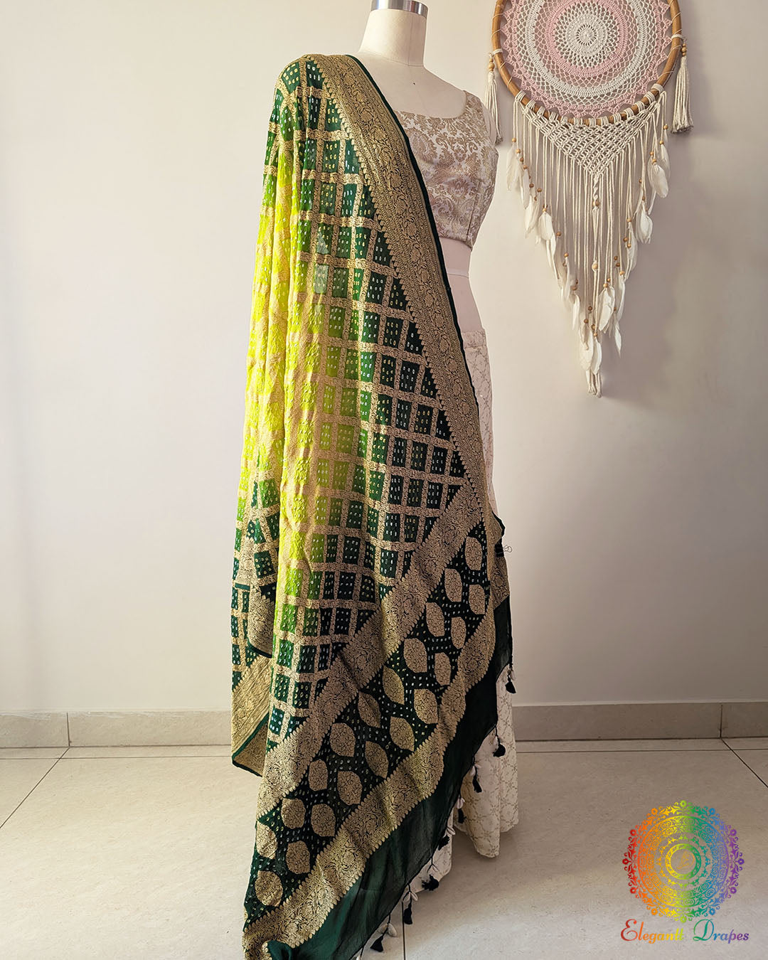 Green Shaded Banarasi Khaddi Georgette Bandhani Dupatta side drape view