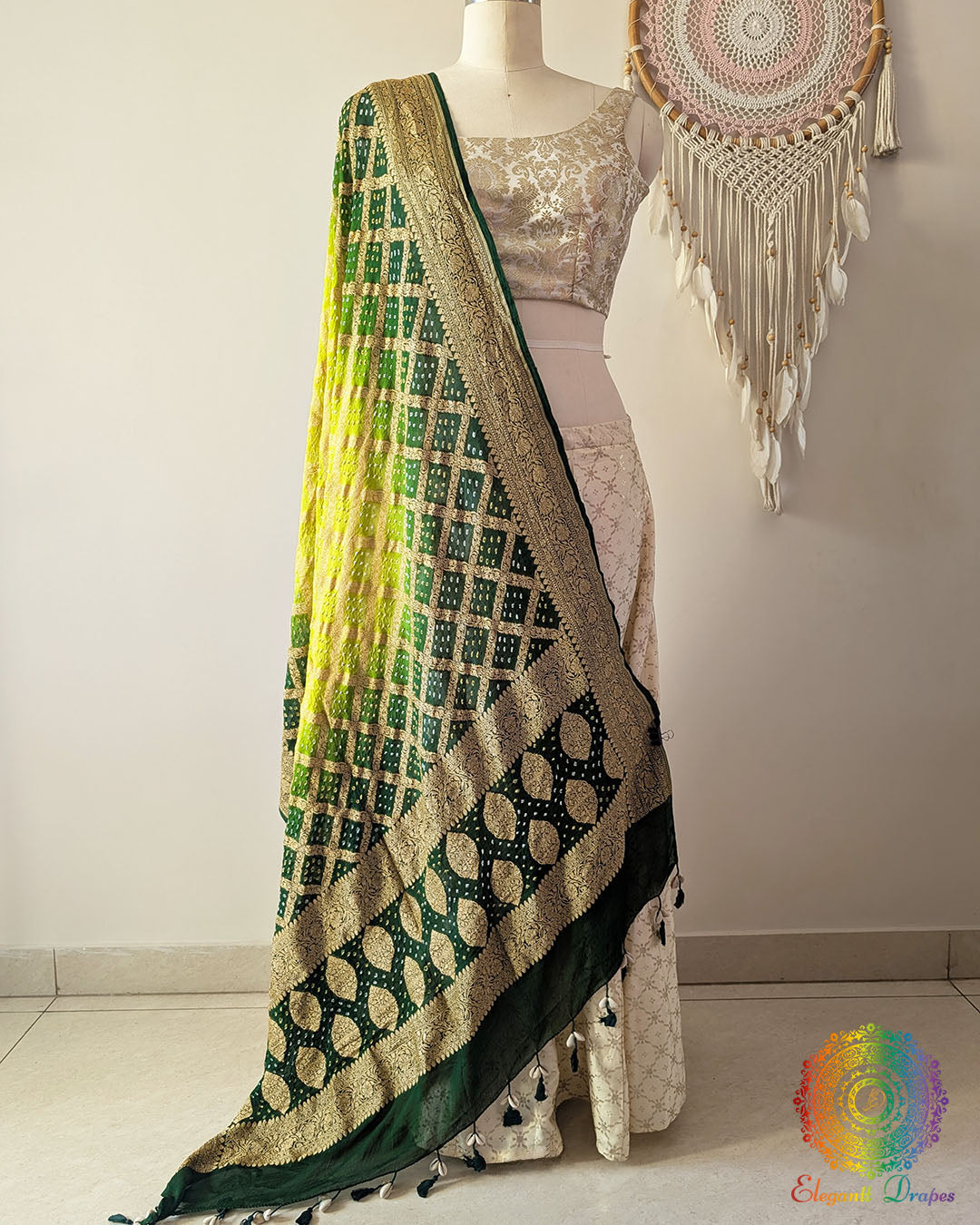 Green Shaded Banarasi Khaddi Georgette Bandhani Dupatta front drape view