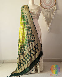 Green Shaded Banarasi Khaddi Georgette Bandhani Dupatta front drape view