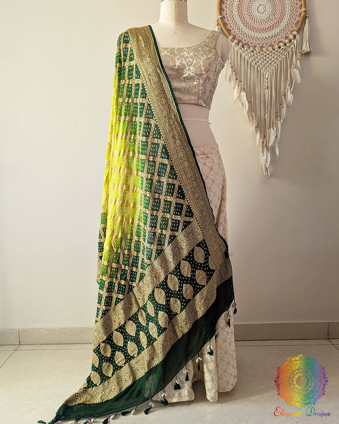 Green Shaded Banarasi Khaddi Georgette Bandhani Dupatta front drape view