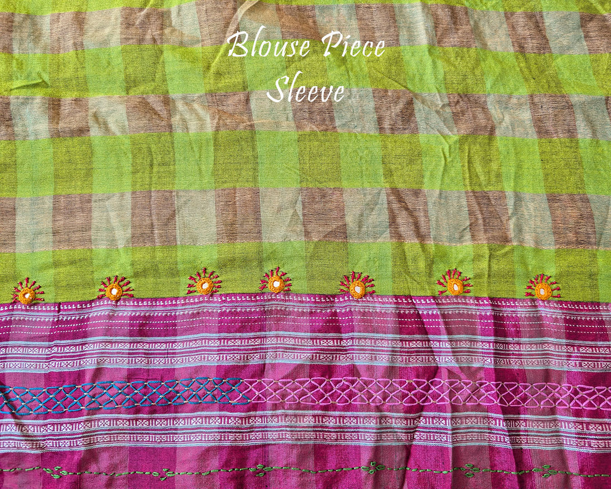 Matching blouse sleeve with handcrafted Lambani embroidery showcasing traditional artisan detailing