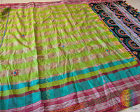 Parrot green checked Ilkal cotton saree with Lambani handwork and heavily embroidered palla