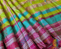 Side view of parrot green checked Ilkal cotton saree with handcrafted Lambani embroidery