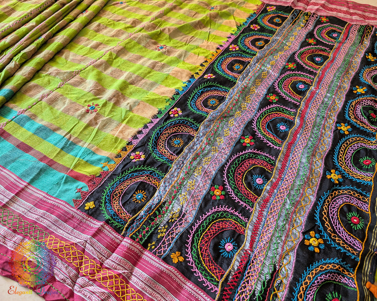 Parrot green checked Ilkal cotton saree showcasing approximately half-meter heavy Lambani embroidered palla