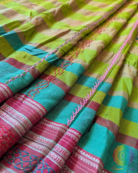 Close-up of the checked woven body with Lambani embroidered bels and floral motifs