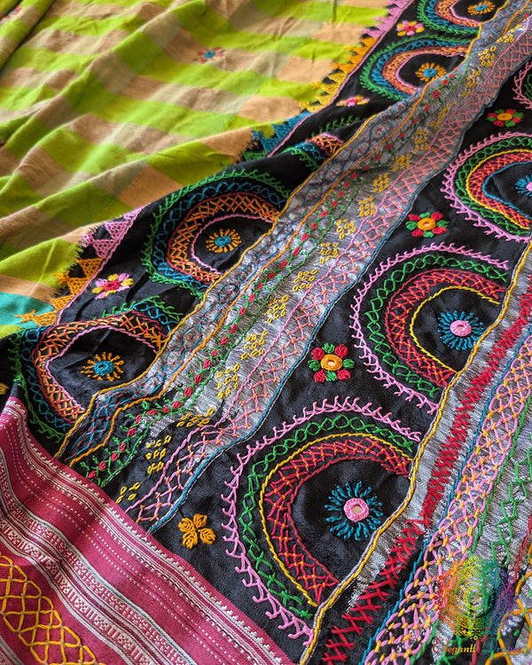 Parrot green checked Ilkal cotton fabric showcasing woven texture and handcrafted embroidery