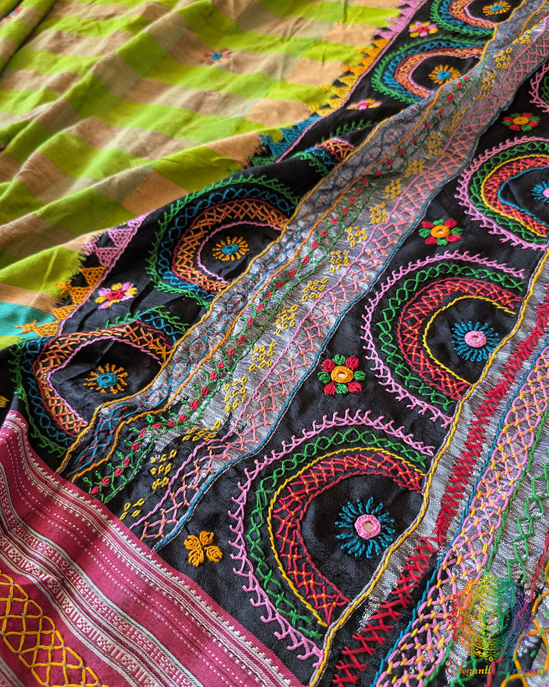 Parrot green checked Ilkal cotton fabric showcasing woven texture and handcrafted embroidery