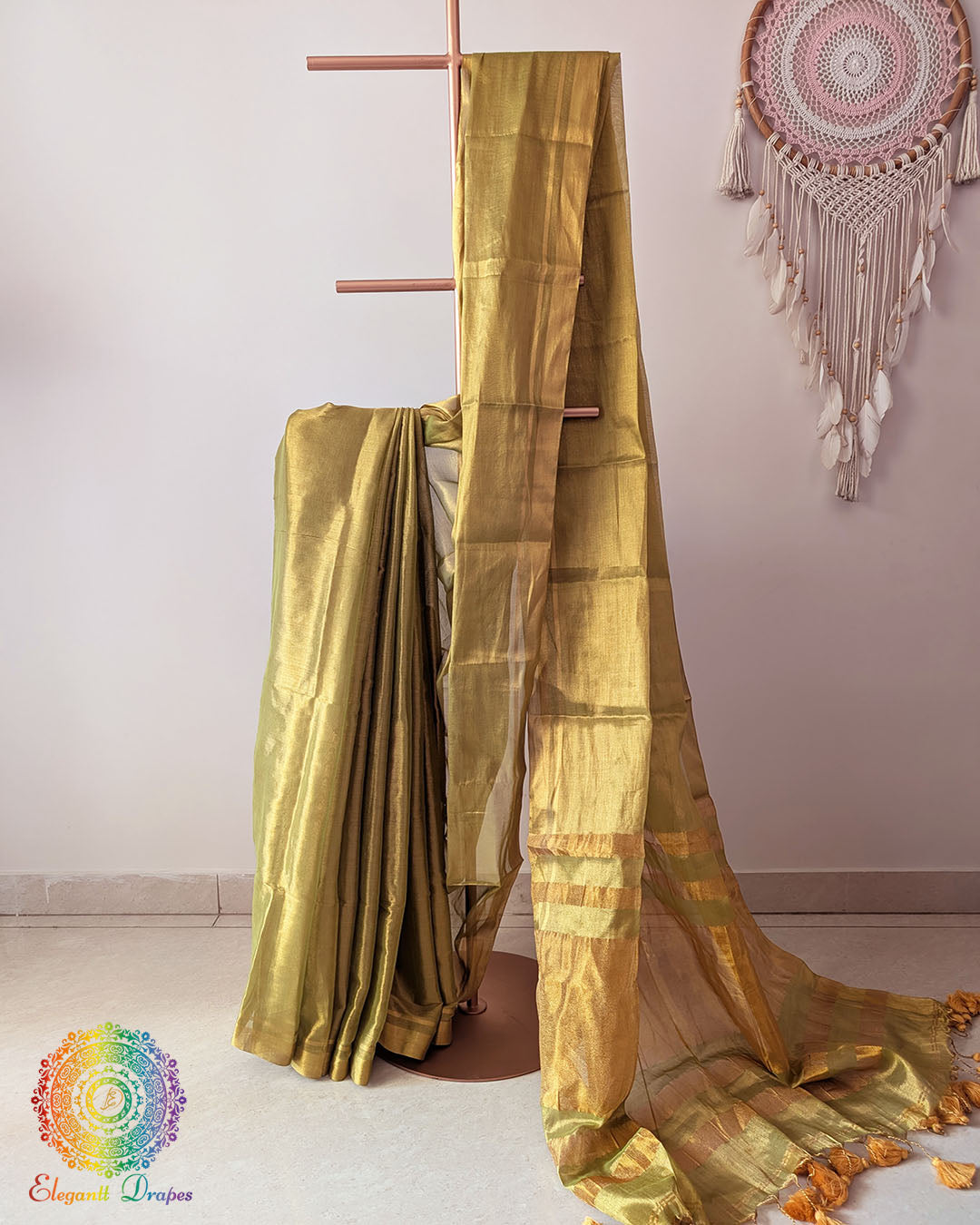 Green Bengal tissue linen saree drape view