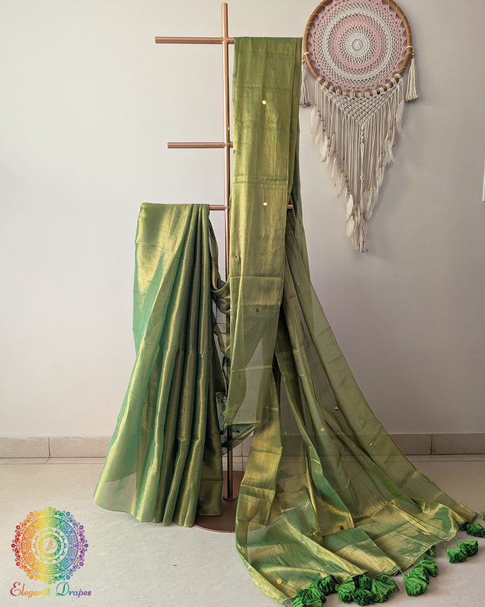 Green Bengal mul tissue saree drape view with sequins work