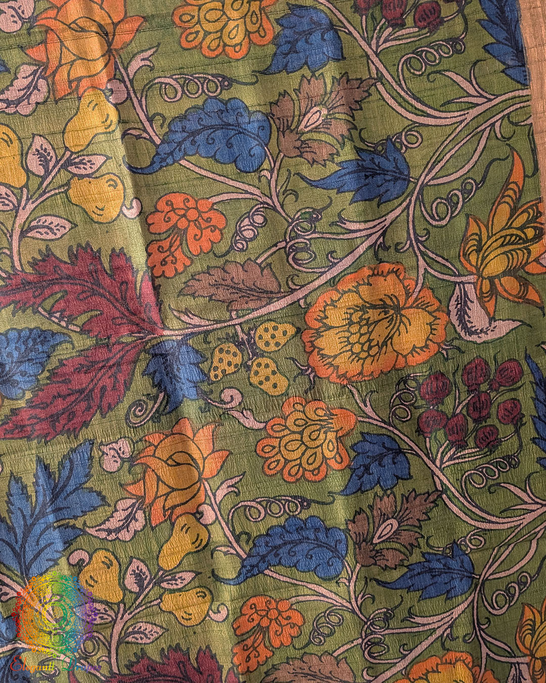 Close-up of intricate hand-painted Kalamkari motifs on Green Pure Tussar Silk dupatta