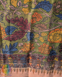 Close-up of authentic hand-painted Kalamkari artwork highlighting the rich texture and natural sheen of Green Pure Tussar Silk dupatta