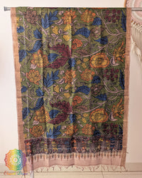Green Hand-Painted Kalamkari Pure Tussar Silk Dupatta showcasing traditional artisan painting and natural silk texture