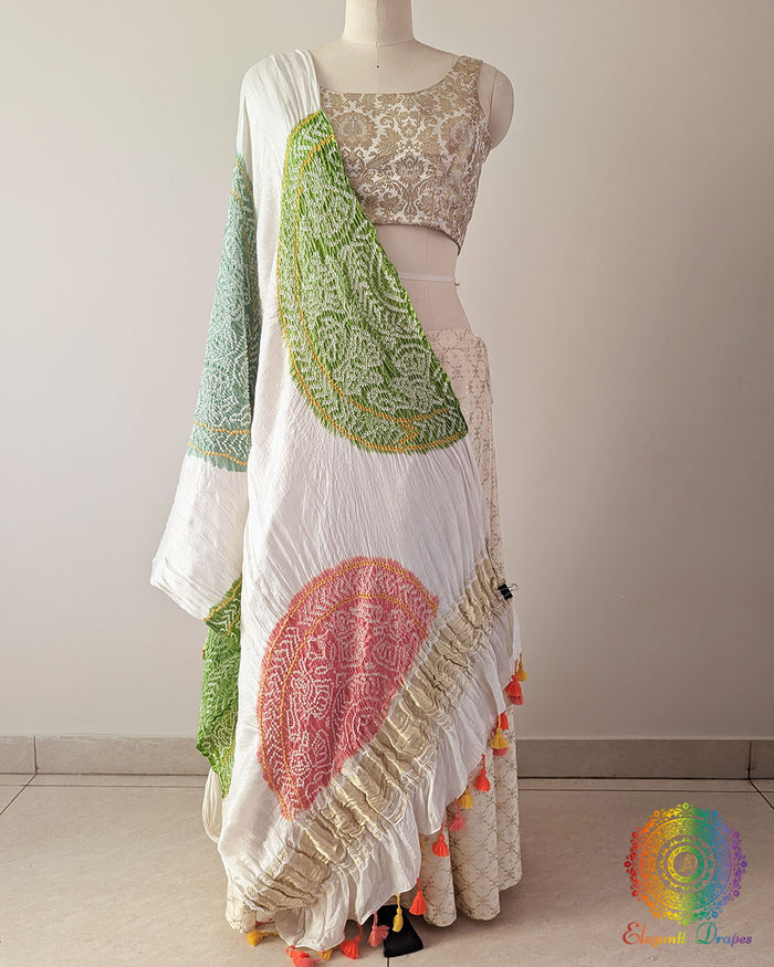 White Gajji Silk Green Yellow Peach Bandhani Dupatta