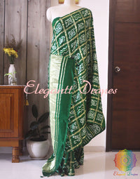Close up of Bandhani work on Green Gajji silk Gharchola saree