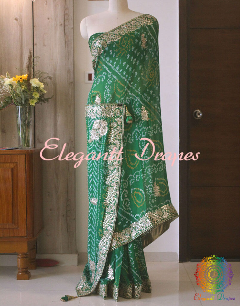 Green Pure Crepe Rai Bandhej Gota Patti Saree