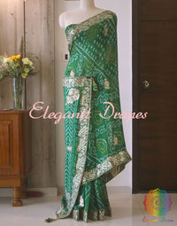 Green Pure Crepe Rai Bandhej Gota Patti Saree