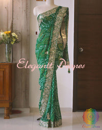 Green Pure Crepe Rai Bandhej Gota Patti Saree