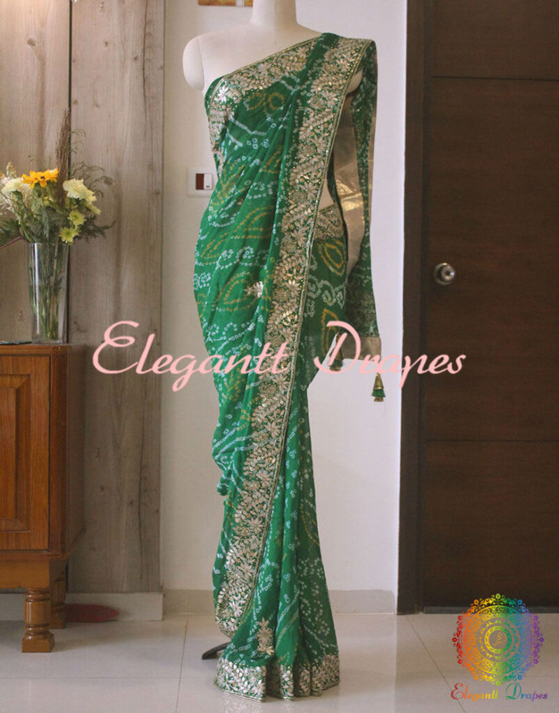 Green Pure Crepe Rai Bandhej Gota Patti Saree