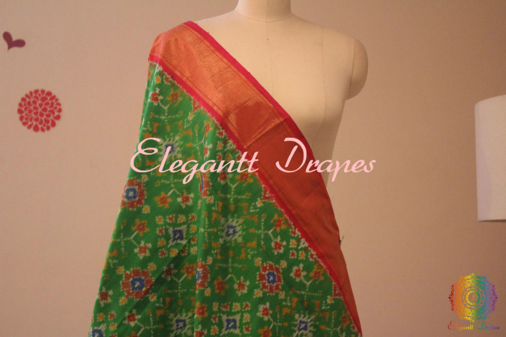 Green Double Ikat Pure Silk Handwoven Dupatta | Elegantt Drapes