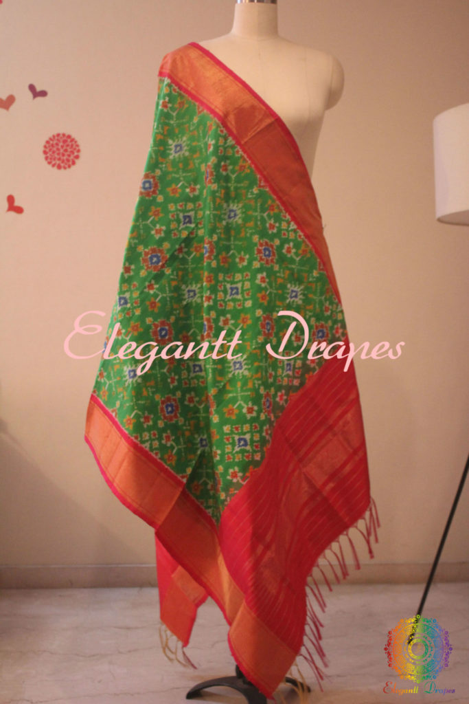Green Double Ikat Pure Silk Handwoven Dupatta | Elegantt Drapes
