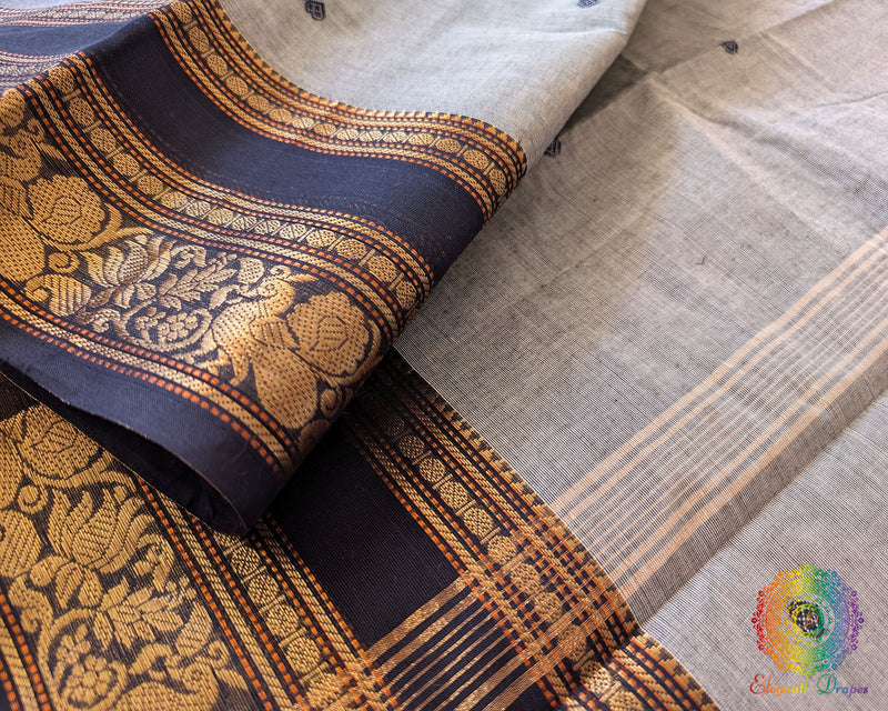 Elegant grey cotton saree close view