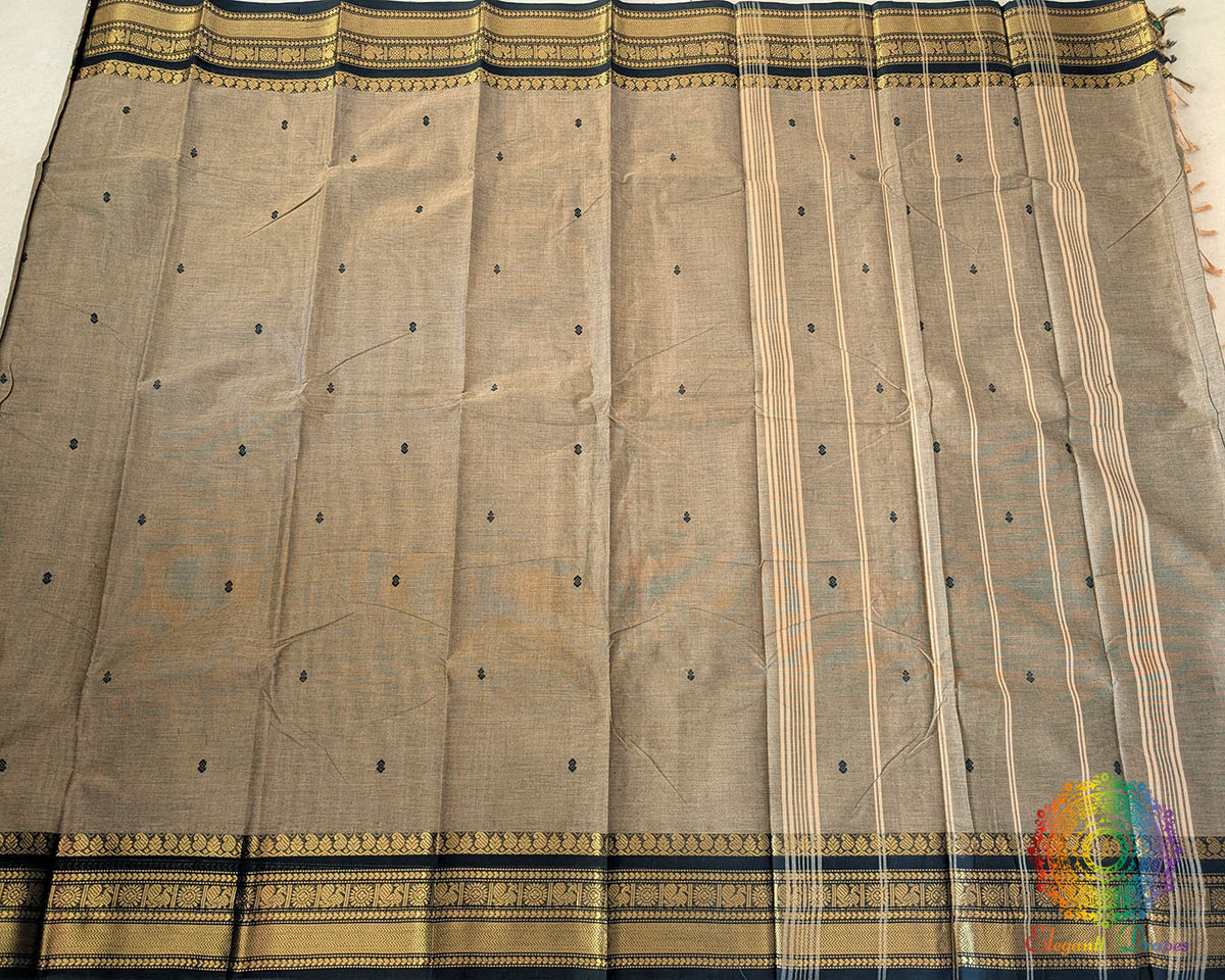 Full grey Kanchi cotton saree laid flat showing complete design and drape