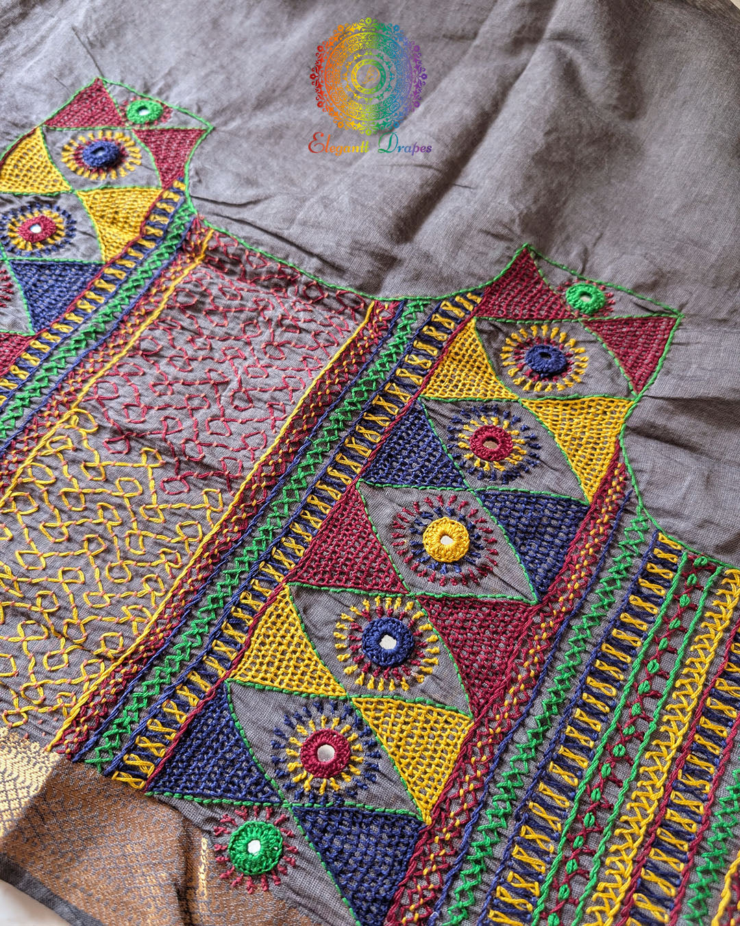 Close-up of Lambani hand embroidery on the back of Ash Grey Mangalgiri Cotton Blouse Piece