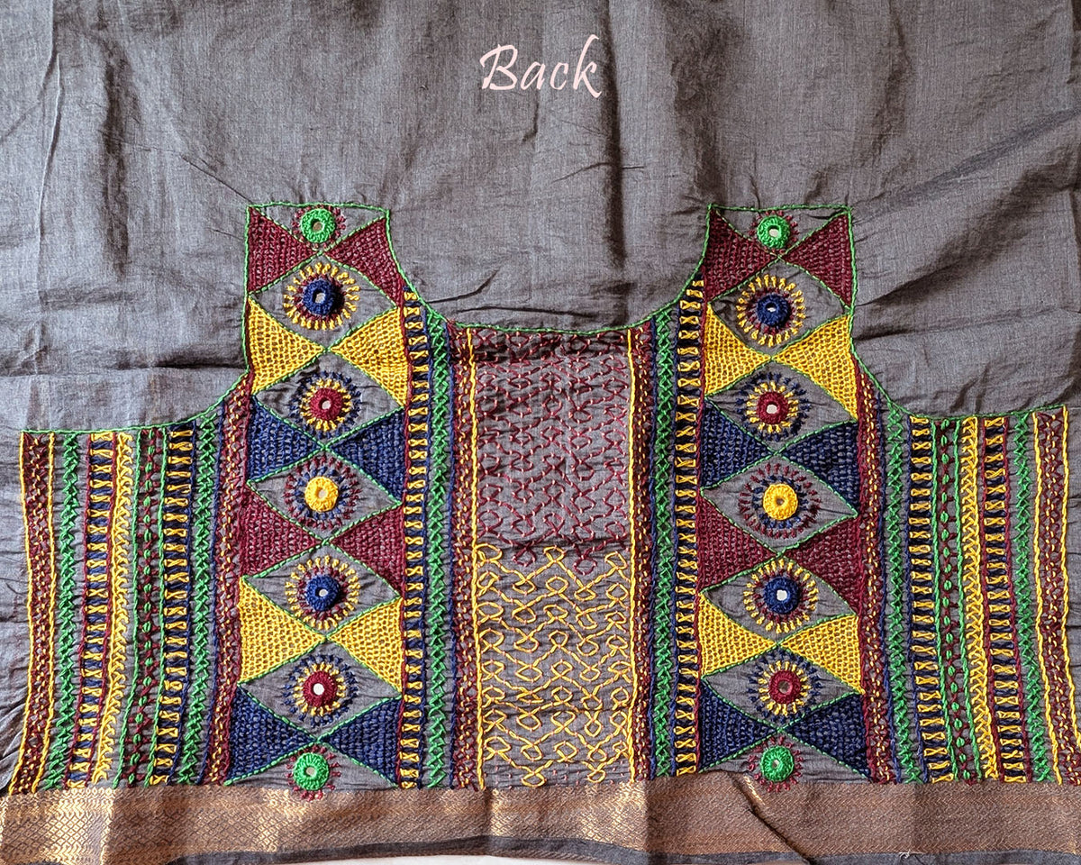 Ash Grey Mangalgiri Cotton Lambani Embroidered Blouse Piece back with intricate hand embroidery