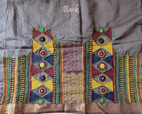 Ash Grey Mangalgiri Cotton Lambani Embroidered Blouse Piece back with intricate hand embroidery