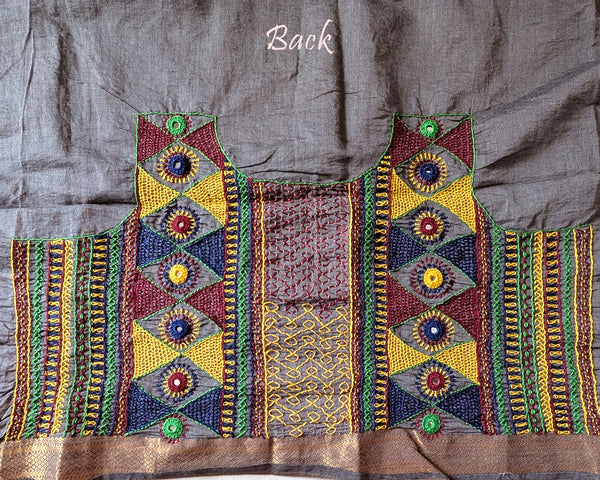 Ash Grey Mangalgiri Cotton Lambani Embroidered Blouse Piece back with intricate hand embroidery