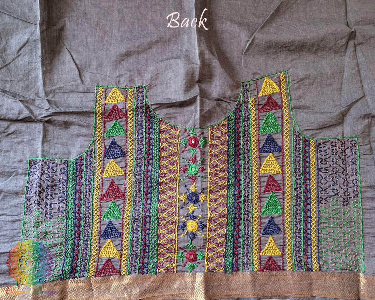 Grey Mangalgiri Cotton Lambani Embroidered Blouse Piece back with intricate hand embroidery