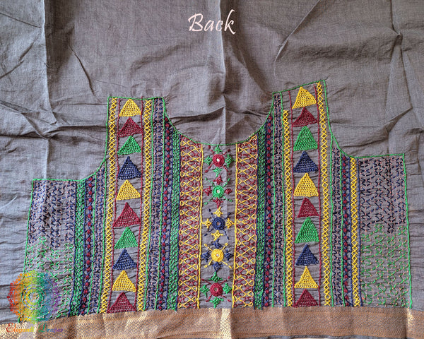 Grey Mangalgiri Cotton Lambani Embroidered Blouse Piece back with intricate hand embroidery