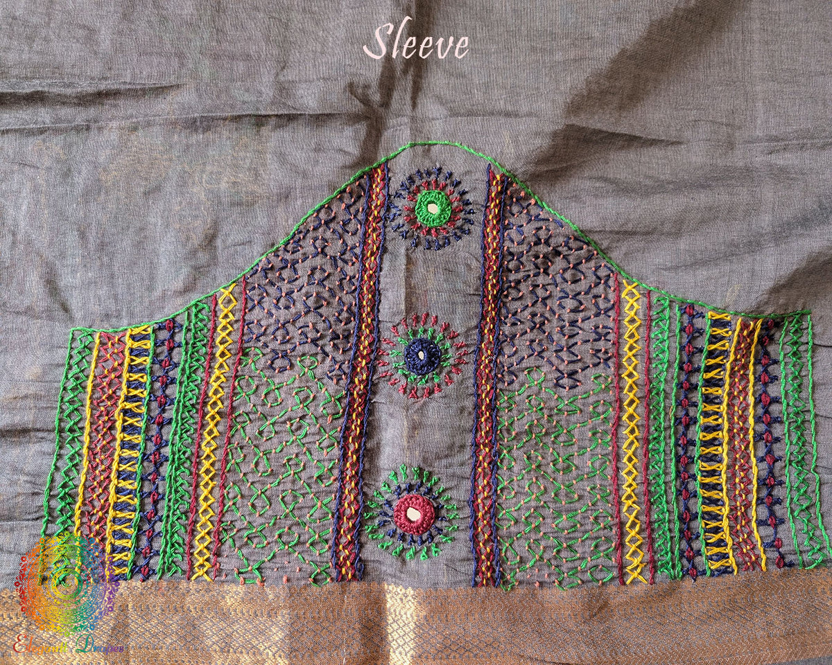 Close-up of Lambani embroidered sleeve on Ash Grey Mangalgiri Cotton Blouse Piece