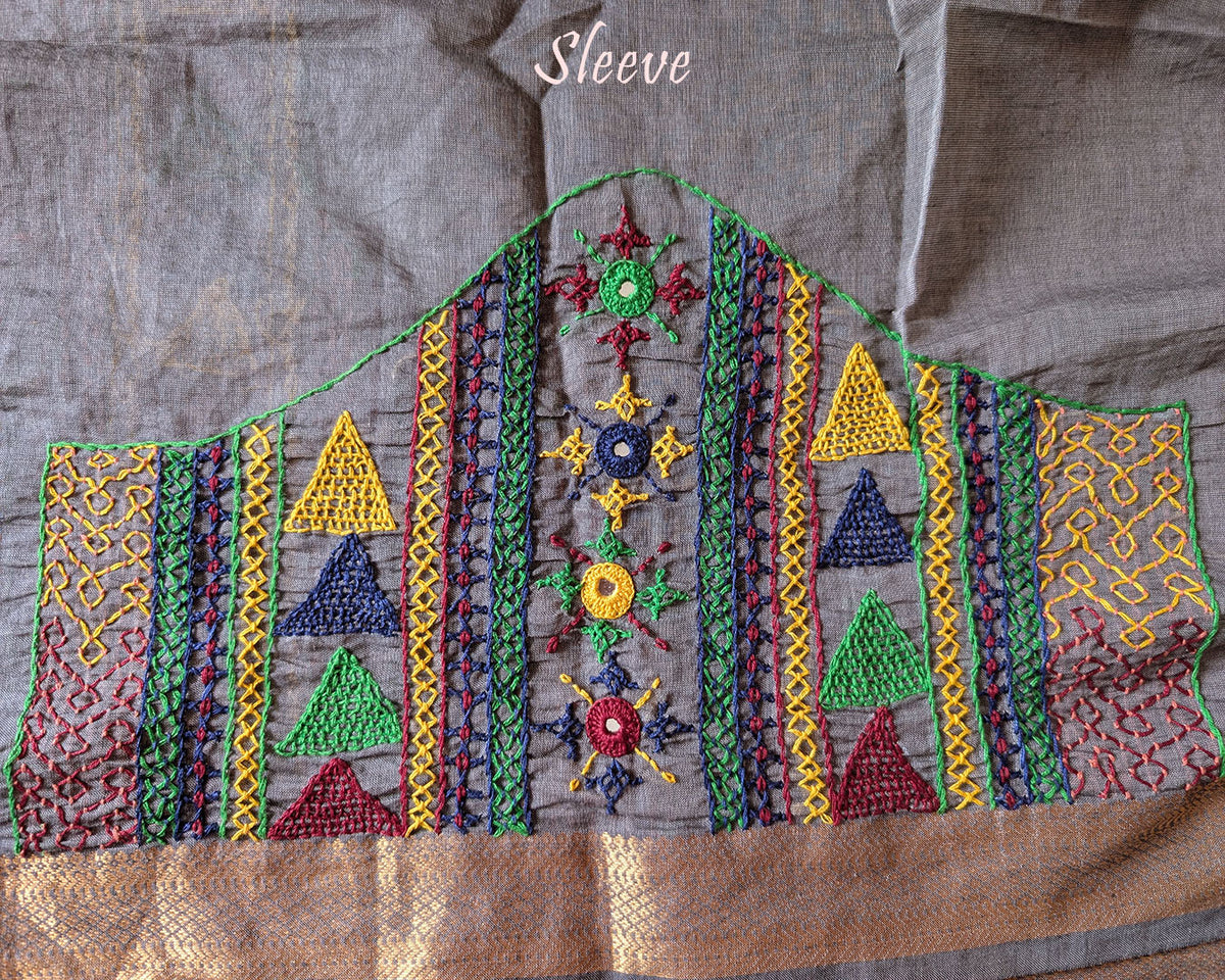 Close-up of Lambani embroidered sleeve on Grey Mangalgiri Cotton Blouse Piece