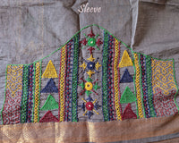 Close-up of Lambani embroidered sleeve on Grey Mangalgiri Cotton Blouse Piece