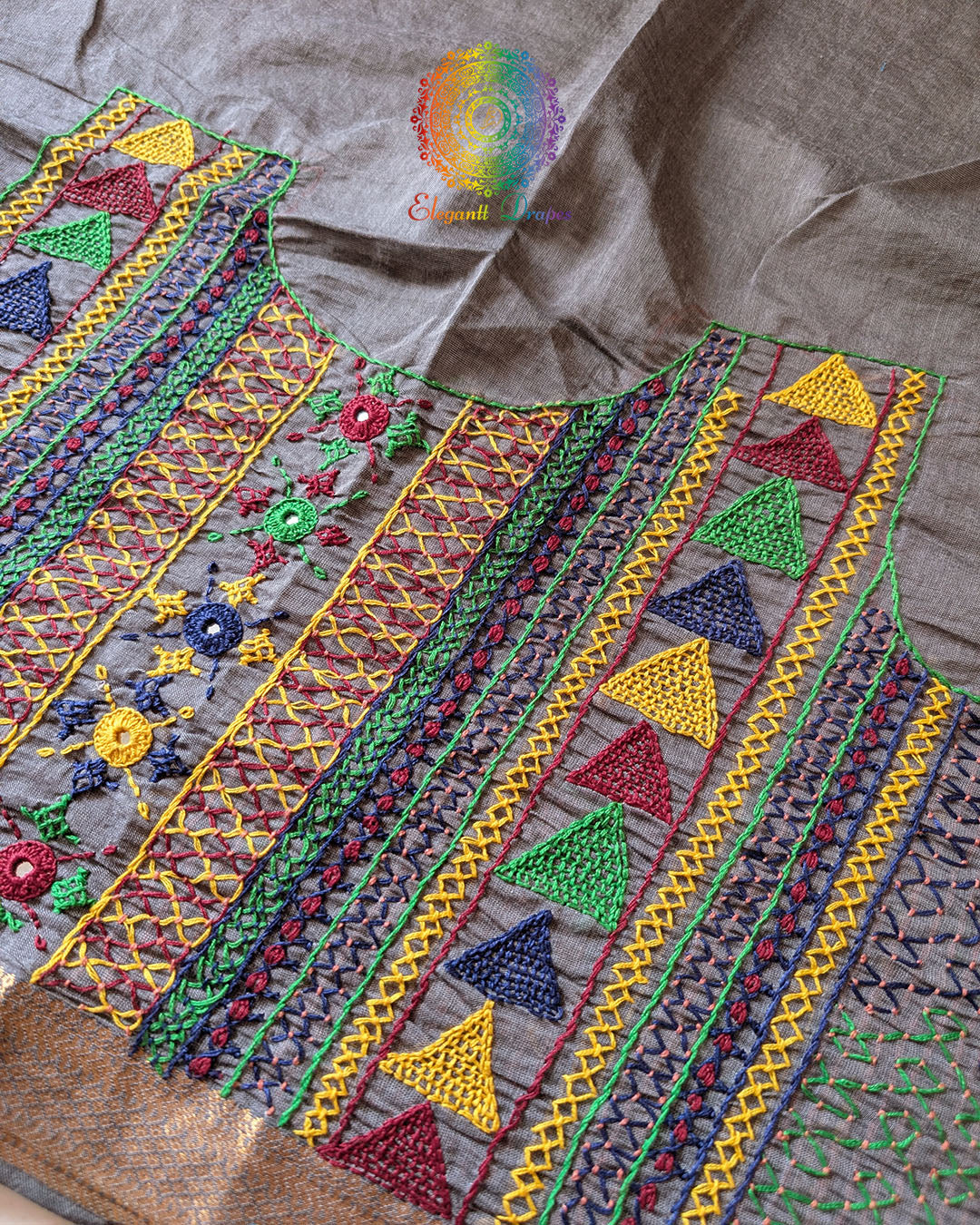 Close-up of Lambani hand embroidery on the back of Grey Mangalgiri Cotton Blouse Piece