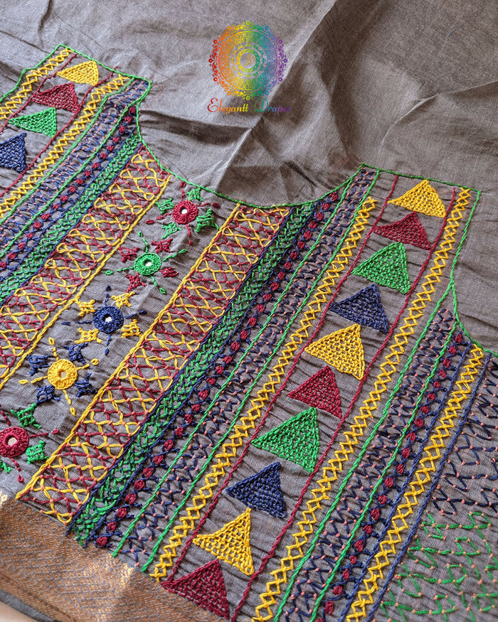 Close-up of Lambani hand embroidery on the back of Grey Mangalgiri Cotton Blouse Piece