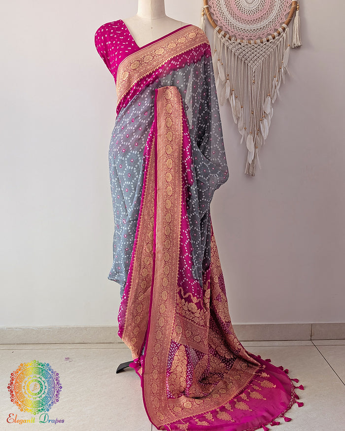 Grey pink Banarasi khaddi georgette bandhani saree on mannequin showing full drape