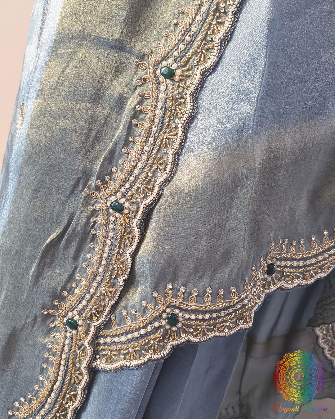Grey soft tissue silk cutdana handwork saree border detail