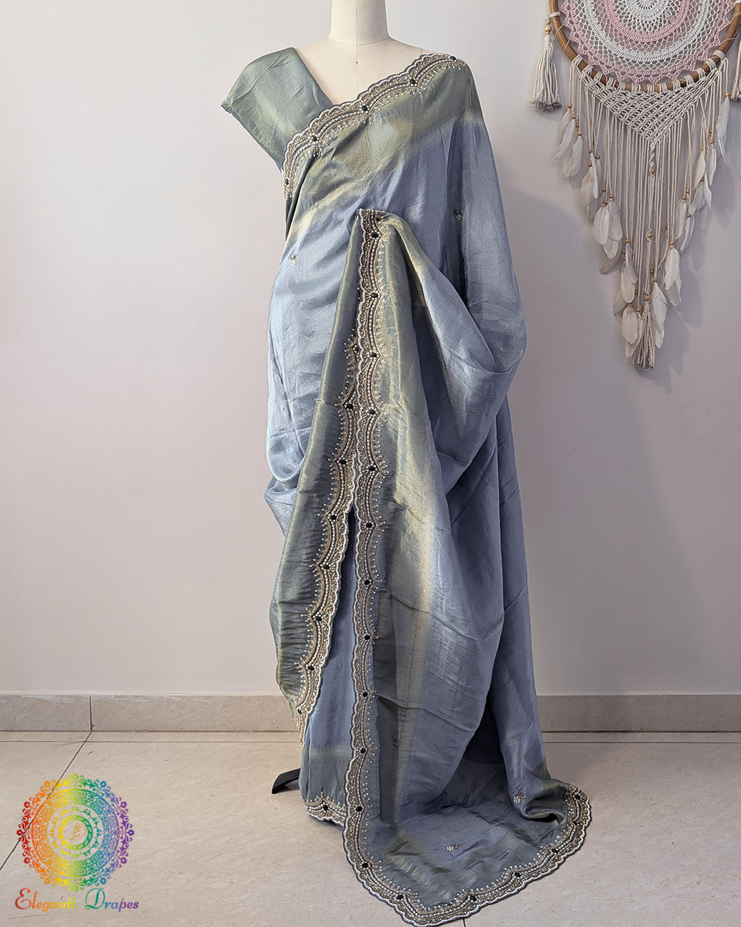 Grey soft tissue silk cutdana handwork saree drape view