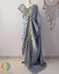 Grey soft tissue silk cutdana handwork saree drape view