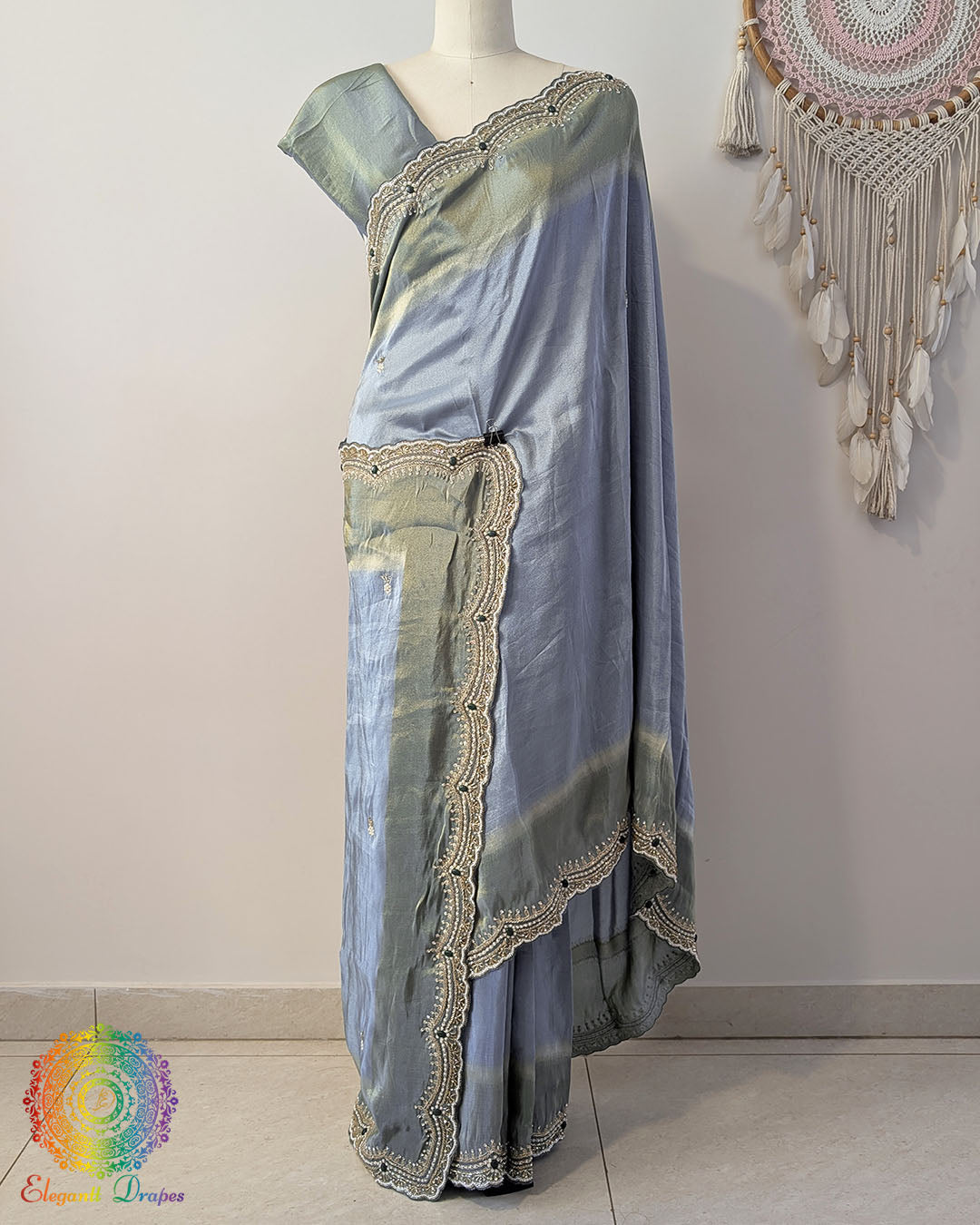Grey soft tissue silk cutdana handwork saree open view